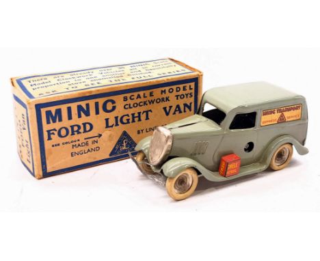 Triang Minic Pre War Ford Light Van 2M, tinplate, clockwork, grey, within Good box, age related wear otherwise Good Plus.