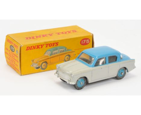 Dinky Toys 175 Hillman Minx Saloon - Two-Tone grey and mid-blue including rigid hubs with treaded tyres, silver trim. Conditi