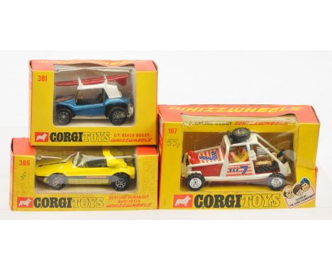Corgi Toys group of Vehicles comprising of (1) 381 GP Beach Buggy - blue, white hood, 2 x maroon surfboards, Whizzwheels, (2)