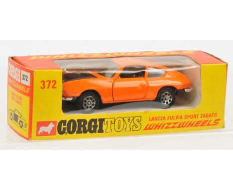 Corgi Toys 372 Lancia Fulvia Sport Zagato - orange body, black interior and bonnet, chrome trim, Whizzwheels. Condition is Ne