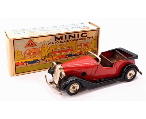 Triang Minic Post War Vauxhall Tourer 17M, tinplate, clockwork, red, black running boards, wooden seats, within Good to Good 