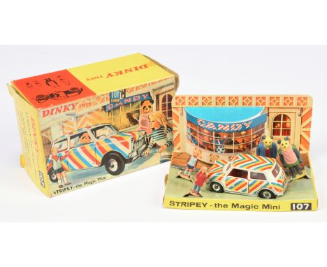Dinky Toys 107 "Stripey" The Magic Mini - White body with red, yellow, blue stripes, red interior and spun hubs with correct 