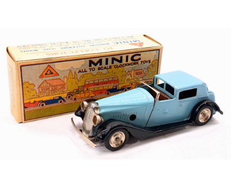 Triang Minic Post War Vauxhall Town Coupe 18M, tinplate, clockwork, pale blue, black running boards, wooden seats, within Goo