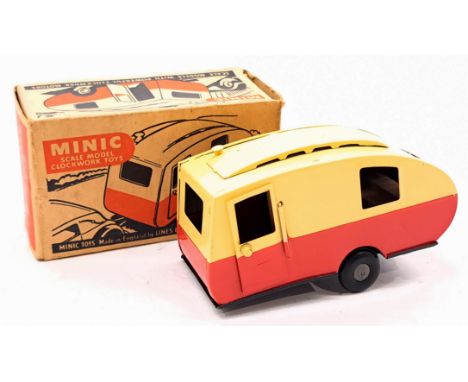 Triang Minic Post War Caravan 16M, tinplate, clockwork, red and cream, within Good box, light age related wear otherwise Good