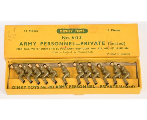 Dinky Toys 603 Army Personnel "Private" (seated) - 12 diecast figures, khaki uniform with black beret. Condition Good to Near