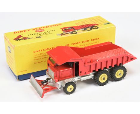 Dinky Toys 959 Foden Dump Truck With Bulldozer Blade - Red Cab and tipping back, light yellow hubs (plastic to front) with bl