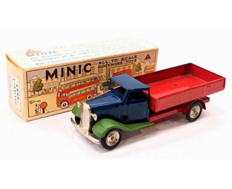Triang Minic Post War Delivery Lorry 10M, tinplate, clockwork, blue cab, red trailer, green mudflaps, within Good box (some s