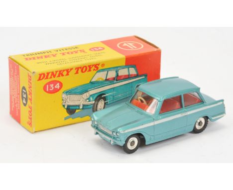Dinky Toys 134 Triumph Vitesse - metallic aqua, white side flashes, red interior, silver trim, chrome spun hubs with black tr