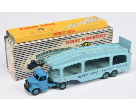 Dinky Toys 982 Bedford Pullmore car Transporter - Mid-blue cab, rigid and supertoy hubs, light blue twin rivet Trailer. Condi