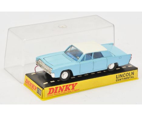 Dinky Toys 170 Lincoln Continental Saloon - light blue, white roof, mid-blue interior, chrome trim and cast spun hubs. Condit