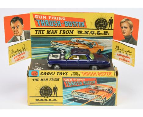 Corgi Toys 497 "The Man From Uncle" Thrushbuster- Blue body, silver trim, cast hubs and lamps. Condition is Good Plus still a