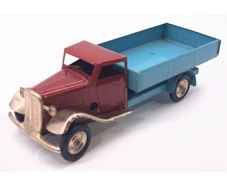 New Zealand Triang Minic Delivery Lorry 10M, tinplate, clockwork, red cab, light blue trailer, small chips to paint throughou