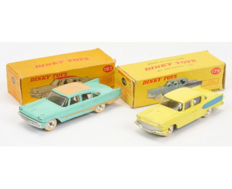 Dinky Toys pair of Cars comprising of (1) 179 Studebaker President Sedan - pale yellow body, silver trim, mid-blue side flash