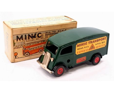 Triang Minic Post War Sutter Van 103M, tinplate, clockwork, dark green, within Good box, touch ups to paint on shutter door o