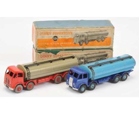 Dinky Toys pair of 504 Foden 14 ton Tankers - (1) Two-Tone blue, silver trim and side flashes, rigid hubs with black treaded 