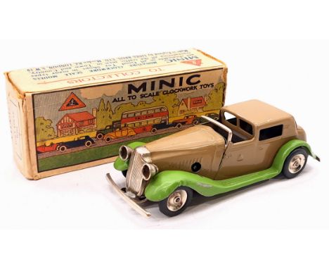 Triang Minic Pre War Town Coupe 18M, tinplate, clockwork, beige, green running boards, within Fair Plus box (small tears), so