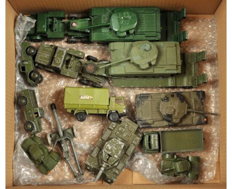 Dinky mixed group of Military Vehicles to include (1) 660 Tank Transporter with Tank, (2) 621 3-ton Army Wagon and others (se