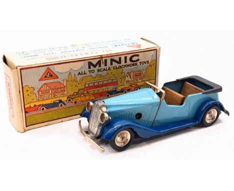 Triang Minic Post War Vauxhall Tourer 17M, tinplate, clockwork, light blue, dark blue running boards, wooden seats, within Go
