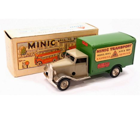Triang Minic Post War Vauxhall Tourer 21M, tinplate, clockwork, beige cab, green trailer, within Good box, Good Plus.