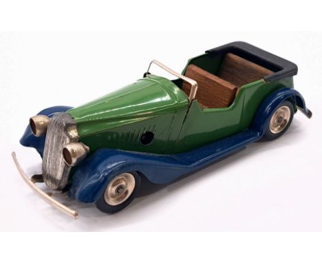 Triang Minic Post War Vauxhall Tourer 17M, tinplate, clockwork, green, blue running boards, wooden seats, some small chips to