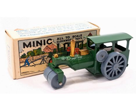 Triang Minic Post War Steam Roller 33M, tinplate, clockwork, green, grey plastic wheels, within Good box, Good Plus.
