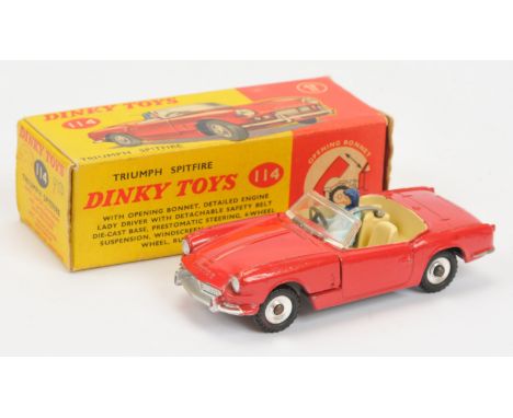 Dinky Toys 114 Triumph Spitfire Sports Car - red body, cream interior with figure driver, silver trim, chrome spun hubs and b