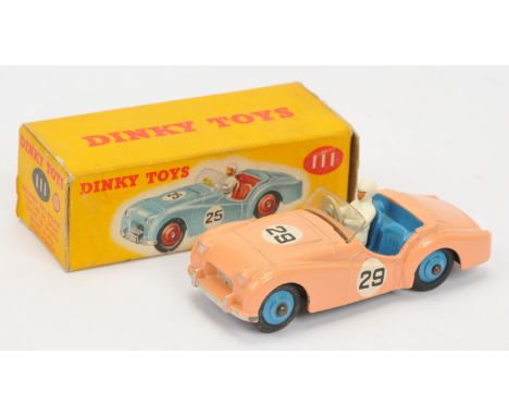 Dinky Toys 111 Triumph TR2 Sports Car - Peach body, mid-blue interior and ridged hubs with black smooth tyres, figure driver,