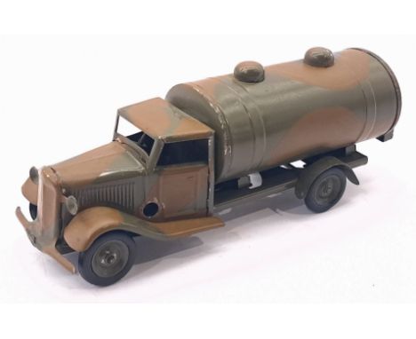 Triang Minic Pre War Army Petrol Tanker 15MCF, tinplate, clockwork, green/brown camouflage livery, age related wear (scuffed 