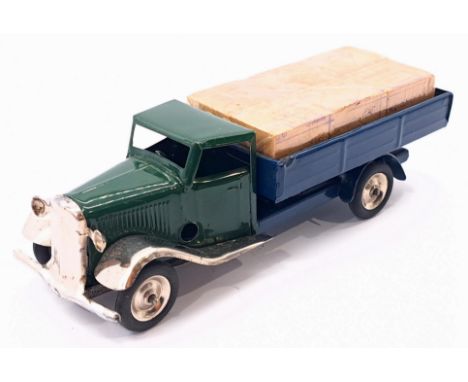 Triang Minic Post War Delivery Lorry 25M, tinplate, clockwork, green cab, blue body, wooden load 9factory sealed), light age 