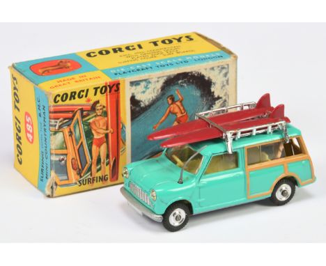 Corgi Toys 485 Austin Mini Countryman "Surfing" - Turquoise, yellow interior, silver trim, aerial, spun hubs, chrome rack wit
