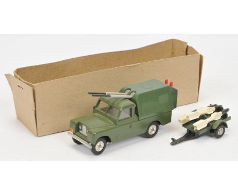 Triang Spot-On 419 Land Rover Army Rocket Launcher - military green body with matching trailer, 3 x white/black missile. Cond