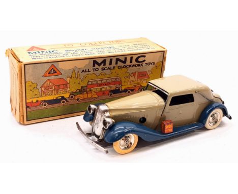 Triang Minic Pre War Vauxhall Cabriolet 19M, tinplate, clockwork, beige, blue running boards, within Fair box (tape repairs),