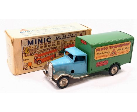Triang Minic Post War Vauxhall Tourer 21M, tinplate, clockwork, blue cab, green trailer, within Fair box (tape repair), some 