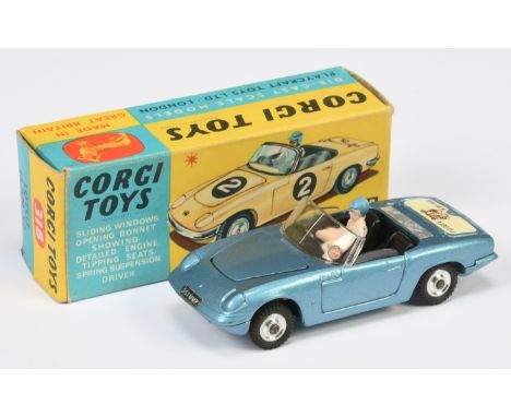 Corgi Toys 318 Lotus Elan S2 with "I've Got a Tiger in My Tank" trunk decal - metallic silver-blue body &amp; base, black int