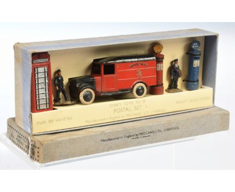 Dinky Toys Pre-War No. 12 "Postal" Set - containing Public Telephone box - red, cream and silver, Delivery Van "Royal Mail" -