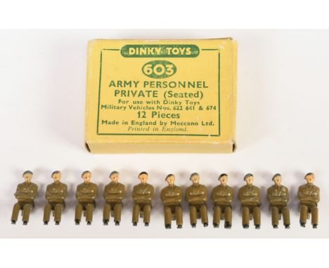 Dinky Toys Military 603 Army Personnel Private (seated) Figures to include 11 x pieces (one missing). Conditions are Good to 