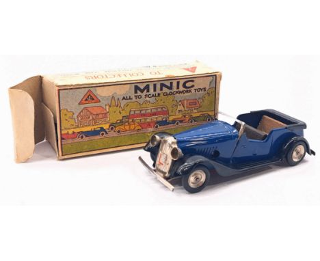 Triang Minic Post War Vauxhall Learners Car 12M, tinplate, clockwork, blue and black, within Fair Plus box, age related wear 