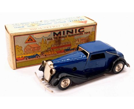 Triang Minic Post War Vauxhall Cabriolet 19M, tinplate, clockwork, dark blue, black board runners, within Good Plus box, few 