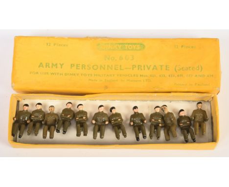 Dinky Toys 603 Army Personnel "Private" (seated) - 12 diecast figures, khaki uniform with black beret. Condition Good to Exce