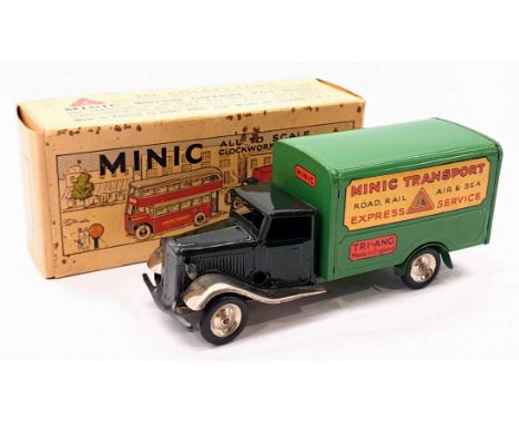 Triang Minic Pre War Transport Van 21M, tinplate, clockwork, dark green cab, light green trailer, within Good box, Good to Go