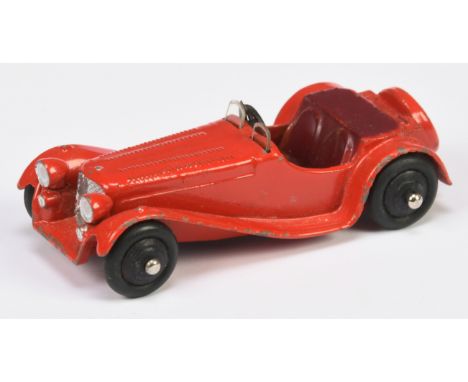 Dinky Toys 38f Jaguar SS100 Sports Car - red, black ridged hubs including smooth tyres, maroon interior and tonneau. Conditio