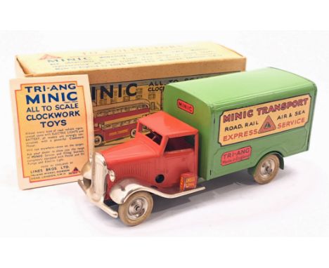Triang Minic Pre War Transport Van 21M, tinplate, clockwork, red cab, green trailer, within Good Plus box, light age related 