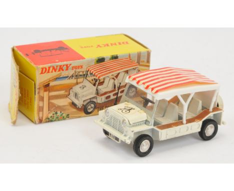 Dinky Toys 106 "The Prisoner" Mini Moke - White body with brown side step, plastic white and red striped canopy, aerial, rear