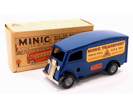 Triang Minic Post War Sutter Van 103M, tinplate, clockwork, dark blue, within Good Plus box, touch up to paint on shutter doo