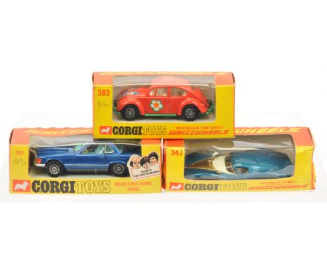 Corgi Toys group of Vehicles comprising of (1) 393 Mercedes 350 SL - blue body with silver trim, light blue interior, spoked 