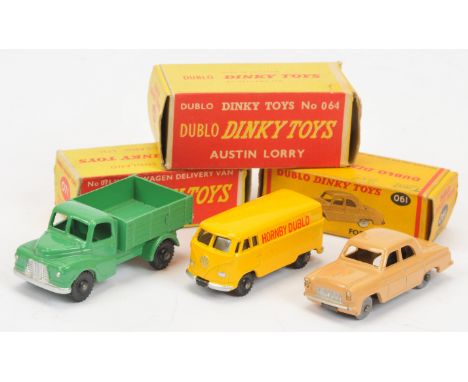 Dinky Toys (Dublo) group of Vehicles comprising of (1) 064 Austin Lorry - green, black treaded wheels, (2) 071 Volkswagen Del