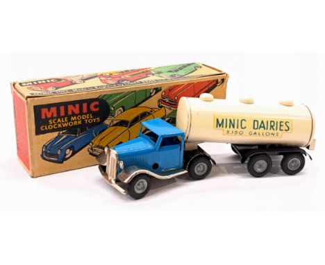 Triang Minic Post War Minic Dairies Tanker 71M, tinplate, clockwork, light blue cab, within Good box, Good Plus to Excellent.