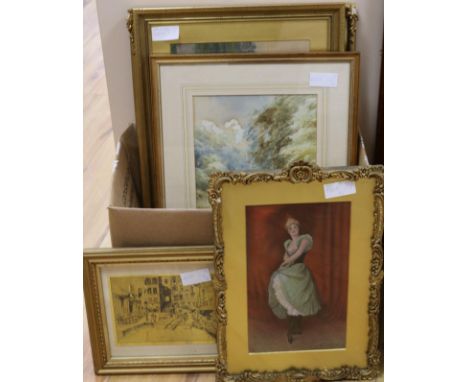 A hand tinted print of a dancing girl and four other works