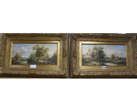 A pair of oils on board of figures in landscapes, signed M. Beale, 19 x 39cm