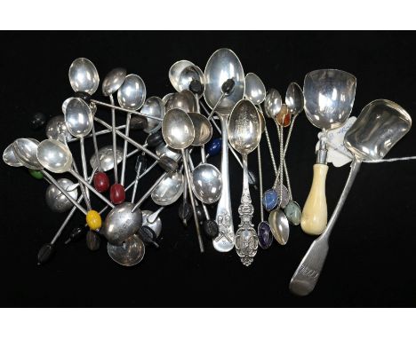 Two silver caddy spoons, a quantity of silver bean end coffee spoons and sundries